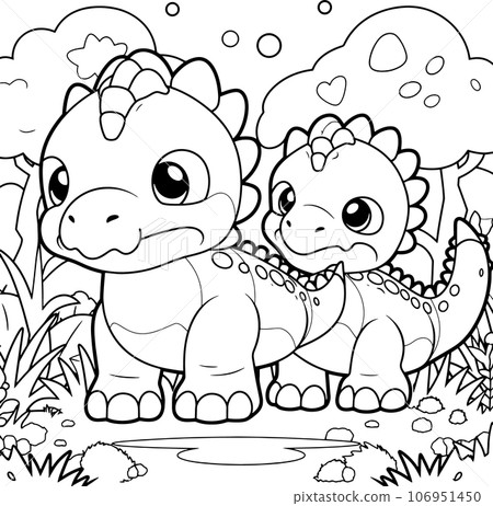 Baby Dinosaurs, black and white coloring page for kids and adults , line art, simple cartoon style, happy cute and funny 106951450