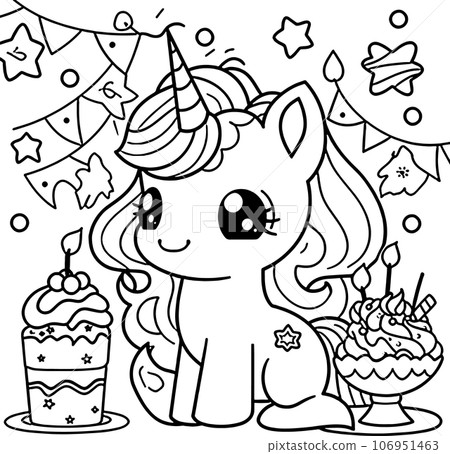 Unicorn, black and white coloring page for kids and adults , line art, simple cartoon style, happy cute and funny 106951463