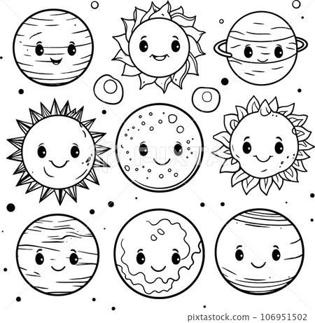cute planet group , black and white coloring page for kids and adults , line art, simple cartoon style, happy cute and funny 106951502