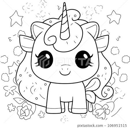 Unicorn, black and white coloring page for kids and adults , line art, simple cartoon style, happy cute and funny 106951515