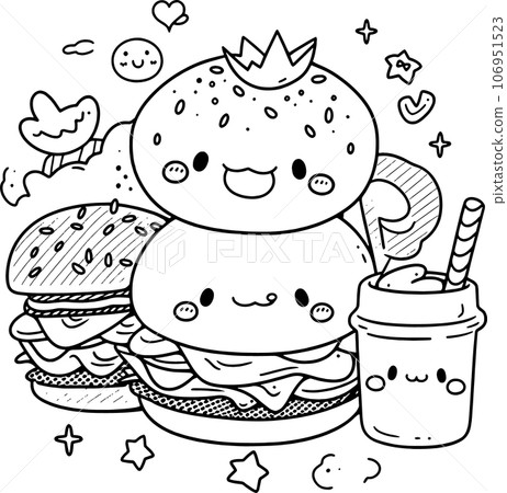 Cute fast food, black and white coloring page for kids and adults , line art, simple cartoon style, happy cute and funny Cute fast food, black and white coloring page for kids and adults , line art, simple cartoon style, happy cute and funny 106951523