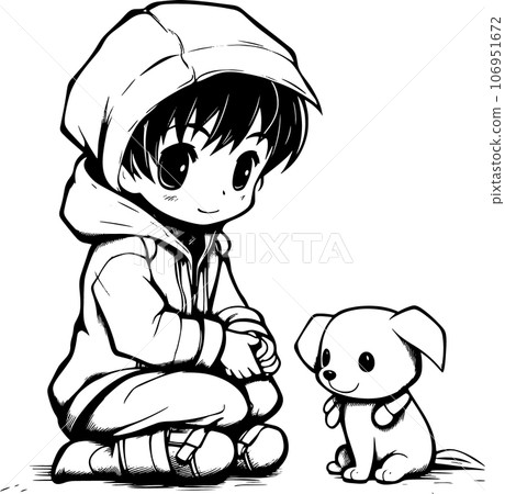 anime character with Pets ,Black and white coloring pages for kids, simple lines ,kawaii anime cute illustration drawing clip art character, PNG 106951672