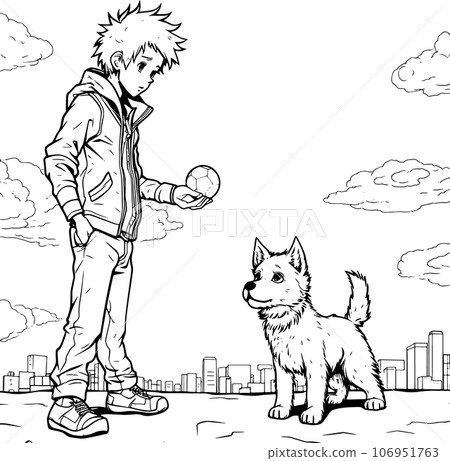 anime character with Pets ,Black and white coloring pages for kids, simple lines ,kawaii anime cute illustration drawing clip art character, PNG 106951763