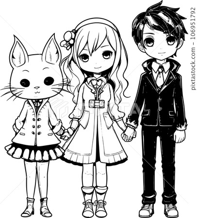 anime character with ,Black and white coloring pages for kids, simple lines ,kawaii anime cute illustration drawing clip art character, Transparent ,PNG 106951792