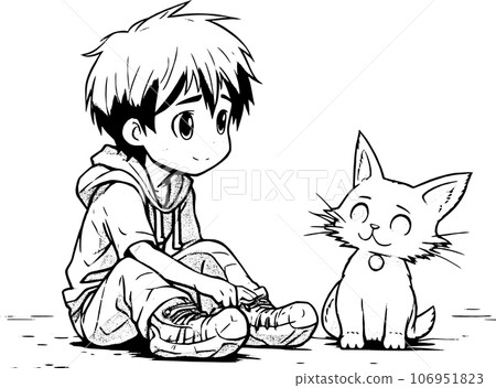 anime character with Pets ,Black and white coloring pages for kids, simple lines ,kawaii anime cute illustration drawing clip art character, PNG 106951823