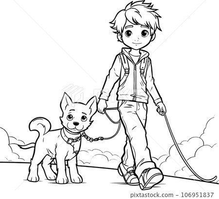 anime character with Pets ,Black and white coloring pages for kids, simple lines ,kawaii anime cute illustration drawing clip art character, PNG 106951837