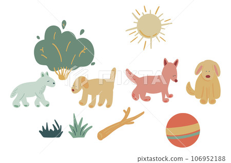 Walking dogs with balls and branch hand drawn set Walking dogs with balls and branch hand drawn set 106952188