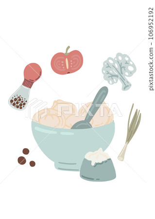 Dumplings pelmeni set in a plate with a cream and black pepper Dumplings pelmeni set in a plate with a cream and black pepper 106952192
