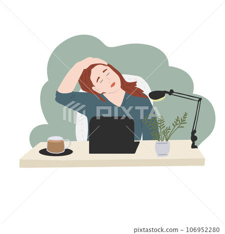 Working female cartoon stretching at workplace Working female cartoon stretching at workplace 106952280