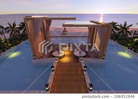 Teak wood tiles with pool and deck chairs. Park with trees and green grass with sea view. 3D rendering 106952846