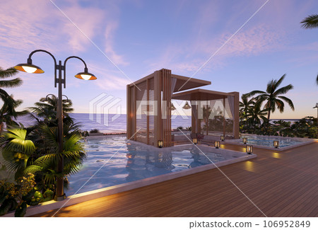 Teak wood tiles with pool and deck chairs. Park with trees and green grass with sea view. 3D rendering 106952849