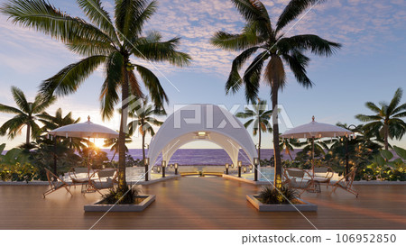 Teak wood tiles with pool and deck chairs. Park with trees and green grass with sea view. 3D rendering 106952850