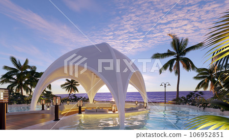 Teak wood tiles with pool and deck chairs. Park with trees and green grass with sea view. 3D rendering Teak wood tiles with pool and deck chairs. Park with trees and green grass with sea view. 3D rendering 106952851