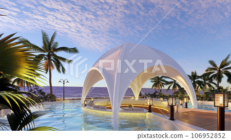 Teak wood tiles with pool and deck chairs. Park with trees and green grass with sea view. 3D rendering 106952852