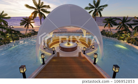 Teak wood tiles with pool and deck chairs. Park with trees and green grass with sea view. 3D rendering 106952853