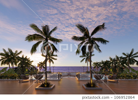 Teak wood tiles with pool and deck chairs. Park with trees and green grass with sea view. 3D rendering 106952864