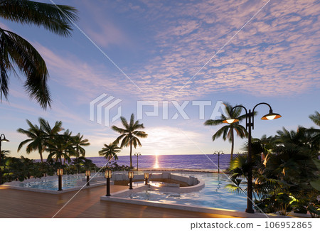 Teak wood tiles with pool and deck chairs. Park with trees and green grass with sea view. 3D rendering Teak wood tiles with pool and deck chairs. Park with trees and green grass with sea view. 3D rendering 106952865