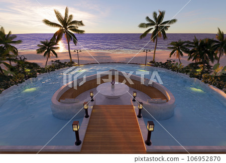 Teak wood tiles with pool and deck chairs. Park with trees and green grass with sea view. 3D rendering Teak wood tiles with pool and deck chairs. Park with trees and green grass with sea view. 3D rendering 106952870