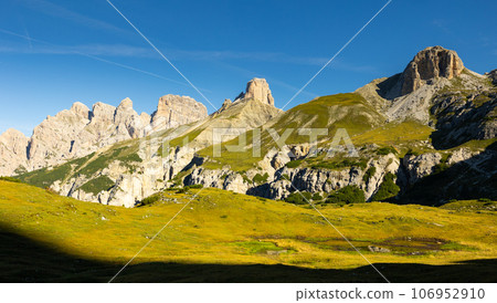 Rocky peaks of Torre dei Scarperi mountain in Sexten Dolomites, Italy Rocky peaks of Torre dei Scarperi mountain in Sexten Dolomites, Italy 106952910