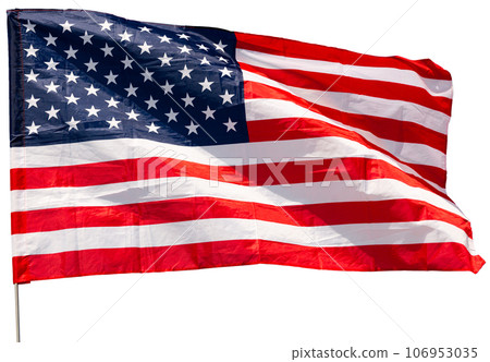 American flag flying on flagstaff against white backdrop American flag flying on flagstaff against white backdrop 106953035