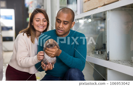 Man and woman holding cute rabbit together in shop 106953042