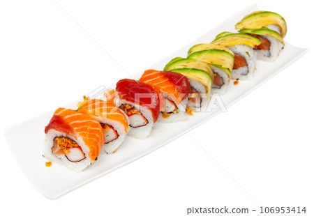 For several guests, Japanese lunch is served - set of uramaki rolls, soy sauce, For several guests, Japanese lunch is served - set of uramaki rolls, soy sauce, 106953414