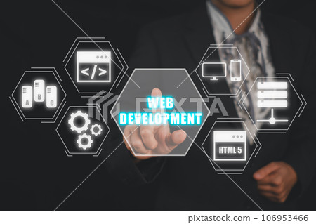 Web development coding programming internet technology business concept, Business woman hand touching web development icon on vr screen. 106953466