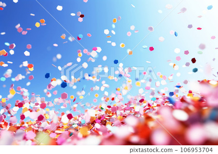 色彩繽紛的五彩紙屑在藍天中跳舞的背景生成ai 106953704