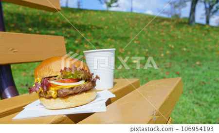 公園長椅和漢堡外賣等的圖像。 公園長椅和漢堡外賣等的圖像。 106954193