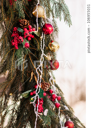 Close up decorated christmas tree balls bauble 106955031
