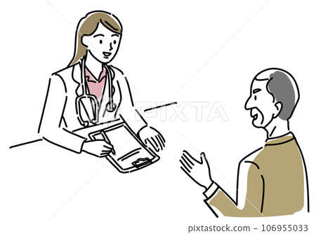 Simple line drawing of a female doctor examining a male patient 106955033