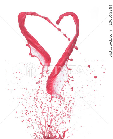 Red tomato strawberry juice scatter splash in drop droplet, Red blood wave fall in air. Abstract cloud fly, Red Wine colored splash spill in Air. White background Isolated series two of images 106955284