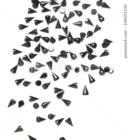 Spike Fashion decorate item explosion fly in air. Many spike black fashion blink celebrate, fashion trend decorate items explode in air, White background Isolated series two of images 106955330