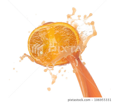 Orange Juice pouring down in Shape form line. Orange juicy hit full fruit fluttering explosion in air, liquid water splash spill like explosion droplet. White background Isolated series two of images 106955331