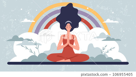 Meditating woman banner, concept of mental health, spiritual harmony, taking care of the body and health. Flat cartoon illustration on a sky background with a rainbow. 106955405