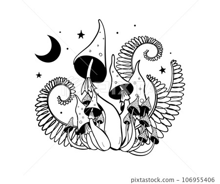 Magic forest fly agarics, boho tattoo, mystical print with the moon, linear hand drawing, mushrooms and ferns sketch. Vector illustration isolated on white background. 106955406