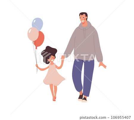 Father walks with his daughter hand in hand. The concept of fatherhood and family, children's holiday, single father, relationship between parents and children. Flat vector cartoon illustration. 106955407