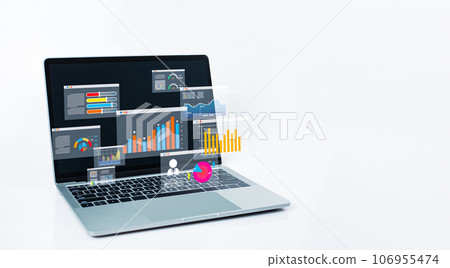 Laptop computer on white background and dashboard for business analysis. Data and management system with KPIs and indicators connected to databases for finance, technology, operations, marketing, Laptop computer on white background and dashboard for business analysis. Data and management system with KPIs and indicators connected to databases for finance, technology, operations, marketing, 106955474