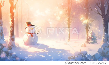 雪人的插圖，照明的冬季森林景觀，AI 生成的圖像 106955767