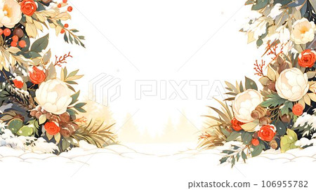 山茶花框架，雪中盛開的冷山茶花插圖，AI 生成圖像 106955782