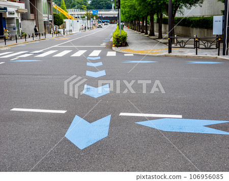 Bicycle navigation line (blue) installed inside the intersection Bicycle navigation line (blue) installed inside the intersection 106956085