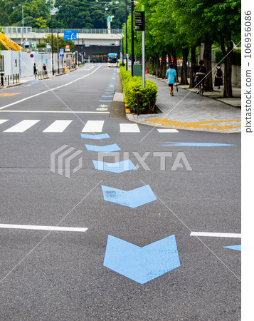Bicycle navigation line (blue) installed inside the intersection Bicycle navigation line (blue) installed inside the intersection 106956086
