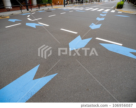Bicycle navigation line (blue) installed inside the intersection Bicycle navigation line (blue) installed inside the intersection 106956087
