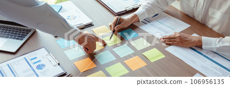 Business colleagues reading data in sticky notes to brainstorming and coworking about new business 106956135