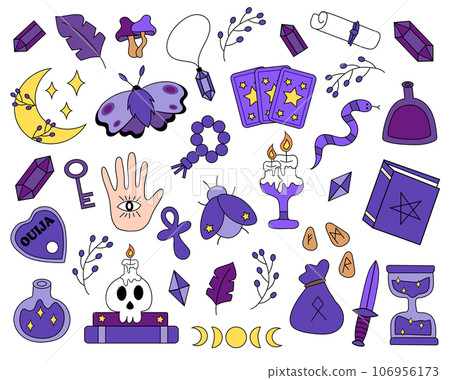 Fortune teller esoteric set. Magic ball, Ank, moth, card tarot, snake, candle, skull, potion bottle, Ouija, runes, crystals, hourglass. Vector flat illustration. 106956173