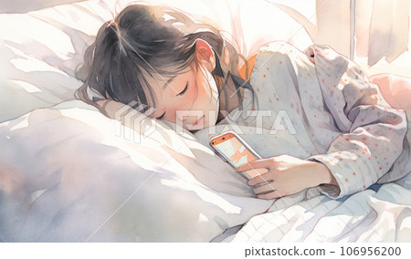 AI-generated image of a woman falling asleep with her smartphone in hand AI-generated image of a woman falling asleep with her smartphone in hand 106956200