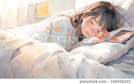 AI-generated image of a woman falling asleep with her smartphone in hand AI-generated image of a woman falling asleep with her smartphone in hand 106956201
