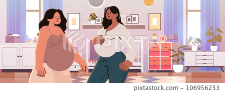 happy pregnant women future moms near crib pregnancy motherhood expectation concept modern kids bedroom interior happy pregnant women future moms near crib pregnancy motherhood expectation concept modern kids bedroom interior 106956253