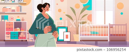 happy pregnant woman future mom hugging belly near crib pregnancy motherhood expectation concept modern kids bedroom interior 106956254