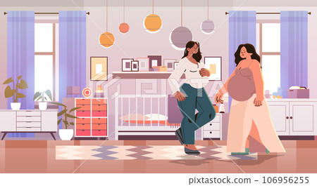 happy pregnant women future moms near crib pregnancy motherhood expectation concept modern kids bedroom interior 106956255